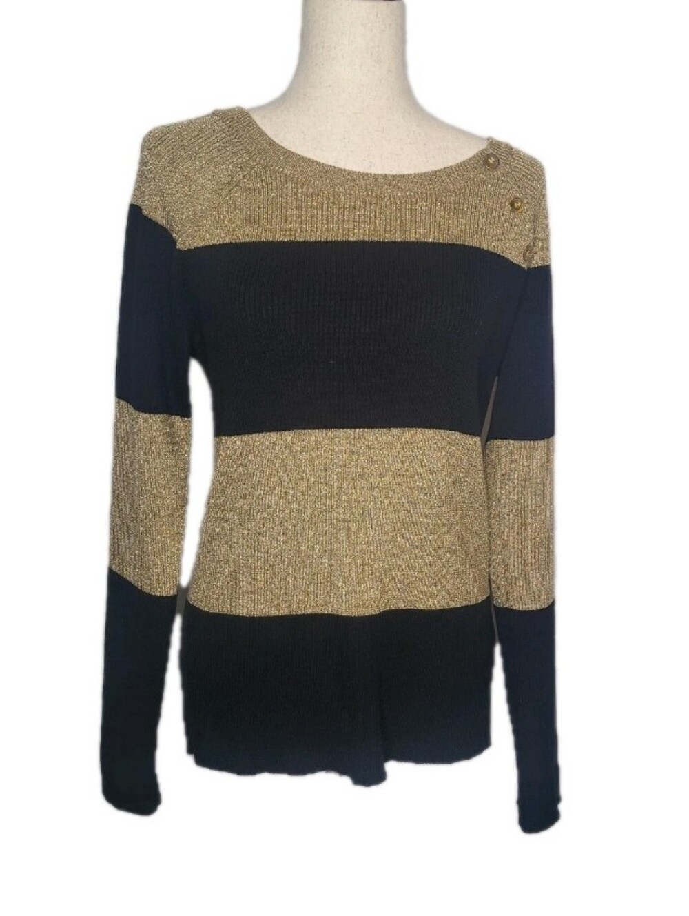 Lauren Ralph Lauren Gold Black Striped  Ribbed Sweater Functional Shoulder butto